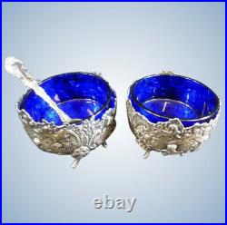 Pair of Antique Sterling Silver Cherub Salt Cellars Cobalt Blue Glass Inserts
