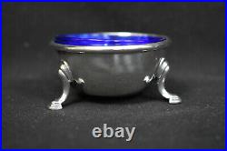 Pair of Antique Sterling Silver Open Salts with Original Cobalt Blue Liners