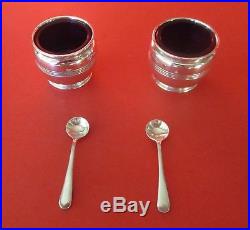 Pair of Antique Sterling Silver Salt Cellars With Cobalt Glass & Original Spoons