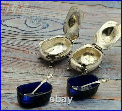 Pair of English Sterling Silver Salt dips and spoons, Blue cobalt liners