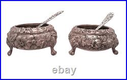 Pair of Repousse Stieff Sterling Silver Open Salts With Spoon by Kirk