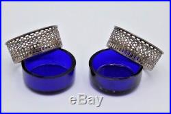 Pair of Shreve, Crump & Low Sterling Silver Salts with Cobalt Glass & 3 Spoons