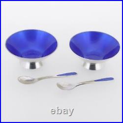 Pair of Signed Danish Modern Sterling Silver & Blue Enamel Salt Cellars & Spoons