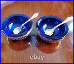 Pair of Sterling Silver Cobalt Blue Glass Salt Cellars with Spoons