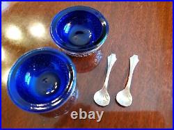 Pair of Sterling Silver Cobalt Blue Glass Salt Cellars with Spoons