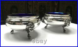 Pair of Sterling Silver Lion Head Salt Cellars with Cobalt Blue Glass Inserts