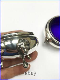 Pair of Sterling Silver Lion Head Salt Cellars with Cobalt Blue Glass Inserts