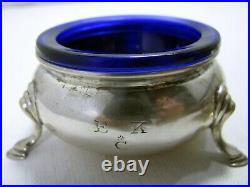 Pair of Tiffany English Import Sterling Silver Open Salts with Cobalt Blue Liners