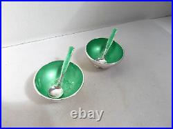 Pair of Vintage Meka Sterling Silver Emerald Green Salt Cellars with Spoons