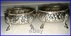 Pair of great American Gorham sterling silver floral repousse open salt cellar