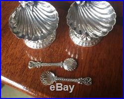 Pair of sterling silver cherub musicians on shells master salt cellars + spoons