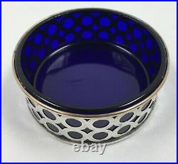 Pierced Sterling Silver With Cobalt Blue Glass Liner Round Salt Cellars Dish Pair