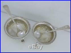 Pr Sterling SALT CELLARS DISHES with SPOONS ornate repousse scroll floral pattern