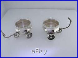 Pr Sterling Silver Salt Cellars Dishes movable wheels Carts glass inserts Israel