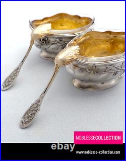 Puiforcat Antique Pair Of French Sterling Silver Salt Cellars Mimosa Art Nouveau