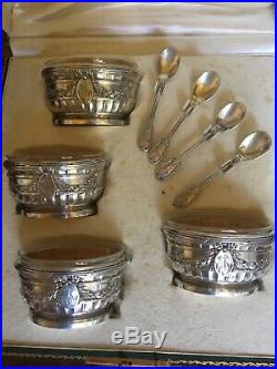 Puiforcat French 950 Vermeil Silver Salt Set in Case 4X Cellars Liners Spoons