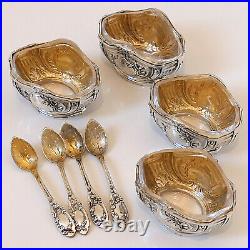Puiforcat French Sterling Silver 18k Gold 4 Salt Cellars, Spoons, Box, Empire