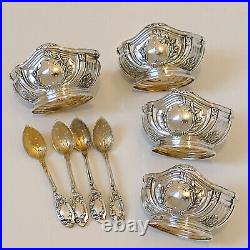 Puiforcat French Sterling Silver 18k Gold 4 Salt Cellars, Spoons, Box, Empire