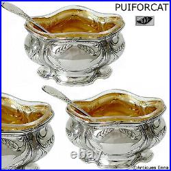 Puiforcat French Sterling Silver 18k Gold Salt Cellars Pair, Spoons, Wheat