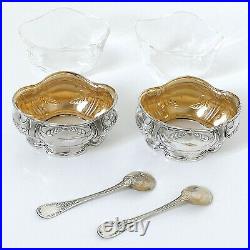 Puiforcat French Sterling Silver 18k Gold Salt Cellars Pair, Spoons, Wheat