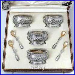Puiforcat French Sterling Silver Four Salt Cellars, Spoons, Box, Neoclassical