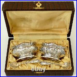 Puiforcat French Sterling Silver Salt Cellars Pair, Spoons, Box