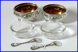 Puiforcat Gorgeous French Sterling Silver 18K Gold Salt Cellars Pair withspoons