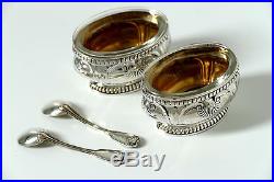 Puiforcat Gorgeous French Sterling Silver 18K Gold Salt Cellars Pair withspoons