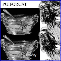 Puiforcat Masterpiece French Sterling Silver Salt Cellars Pair, Spoons, Ram's Head