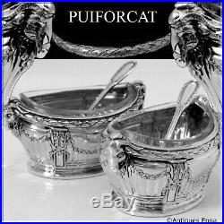 Puiforcat Masterpiece French Sterling Silver Salt Cellars Pair, Spoons, Ram's Head