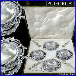 Puiforcat Rare French Sterling Silver 4 Salt Cellars, Spoons, Original Box