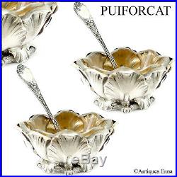 Puiforcat Rare French Sterling Silver Salt Cellars Pair, Spoons, Iris