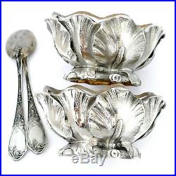 Puiforcat Rare French Sterling Silver Salt Cellars Pair, Spoons, Iris