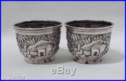 Quality Rare Chinese Export Solid Silver Salt Cellars & Liners By Wang Hing