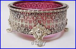 Rare Elegant Sterling Silver Cranberry Glass Open Salt Cellar Dish 1880-1910