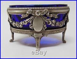 Rare French 950 Sterling Silver Cobalt Glass Open Salt Cellar Dish 1880-1910
