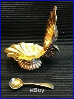 RARE I. F. S. LTD SILVER PLATED GOLD TONE SHELL SHAPED LIDDED SALT CELLAR WithSPOON