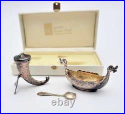 RARE Magnus Aase Norway Sterling Viking Ship Salt Cellar Set IOB 1920-30s