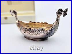 RARE Magnus Aase Norway Sterling Viking Ship Salt Cellar Set IOB 1920-30s