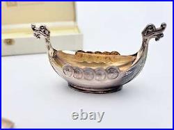 RARE Magnus Aase Norway Sterling Viking Ship Salt Cellar Set IOB 1920-30s