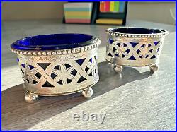 RARE! Pair of Sterling Silver & Cobalt Glass Open Salts 1902 Thomas Hayes