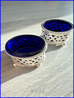 RARE! Pair of Sterling Silver & Cobalt Glass Open Salts 1902 Thomas Hayes