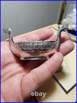 RARE Theodor Olsen Sterling Silver Viking Ship open Salt head tail design cobalt