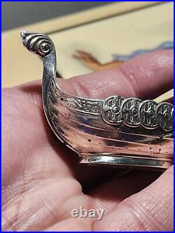 RARE Theodor Olsen Sterling Silver Viking Ship open Salt head tail design cobalt