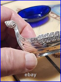 RARE Theodor Olsen Sterling Silver Viking Ship open Salt head tail design cobalt