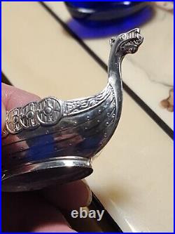 RARE Theodor Olsen Sterling Silver Viking Ship open Salt head tail design cobalt