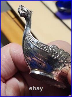 RARE Theodor Olsen Sterling Silver Viking Ship open Salt head tail design cobalt