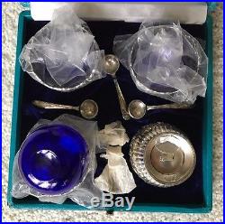 Raimond Silversmiths Silver Plated Cobalt Glass Salt Cellars Spoons Box COMPLETE