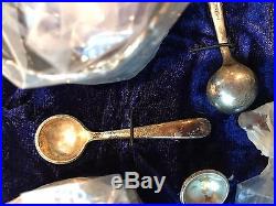 Raimond Silversmiths Silver Plated Cobalt Glass Salt Cellars Spoons Box COMPLETE
