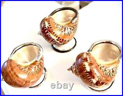 Rare Incredible Philmore 3 Turban shell salt cellars with sterling silver